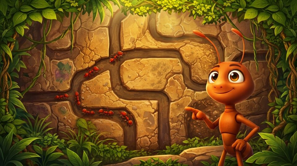 Ant Farm: eine freundliche Cartoon-Ameise zeigt auf ein Steinlabyrinth mit marschierenden Ameisen