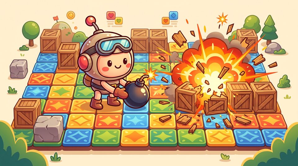 Blast Zone: ein Cartoon-Bomber platziert eine Bombe auf einem bunten Raster-Feld voller Kisten