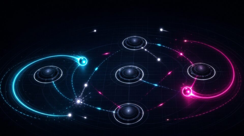 Neon Clash: Arena von oben mit glühenden Orbit-Ringen, cyanfarbener und magentafarbener Lichtspur