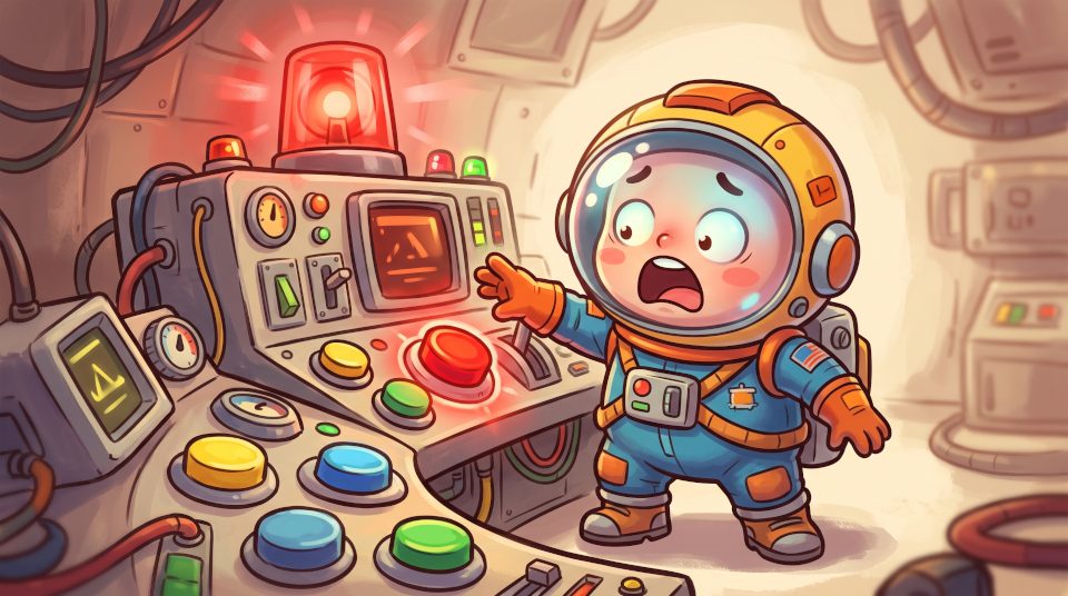 Panic Protocol: eine Raumschiff-Kommandozentrale im Alarm-Chaos, drei Astronauten hantieren panisch an bunten Kontrollpaneelen