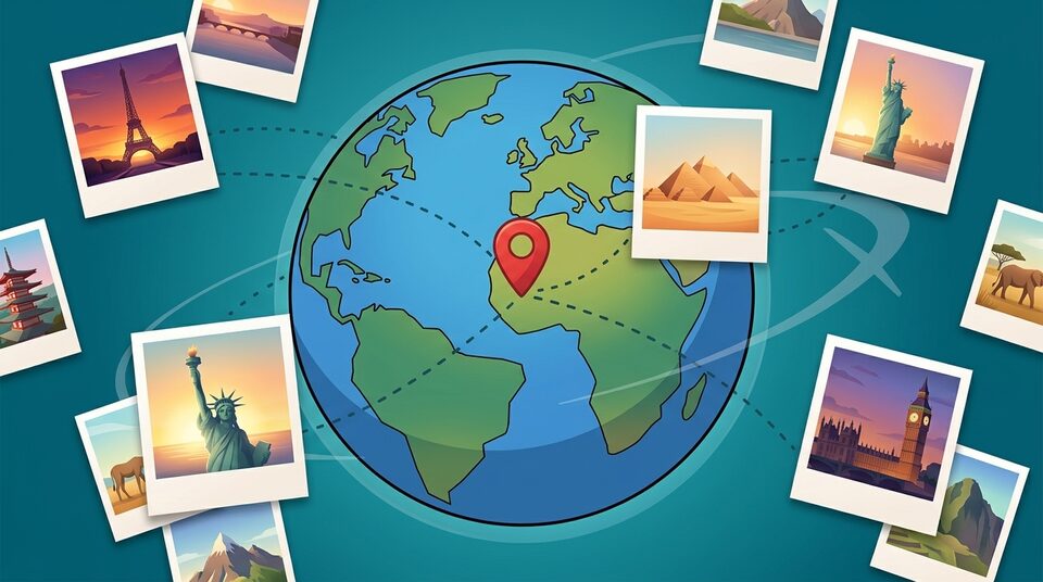 PhotoWorldQuiz: Globus mit Polaroids von Sehenswürdigkeiten aus aller Welt