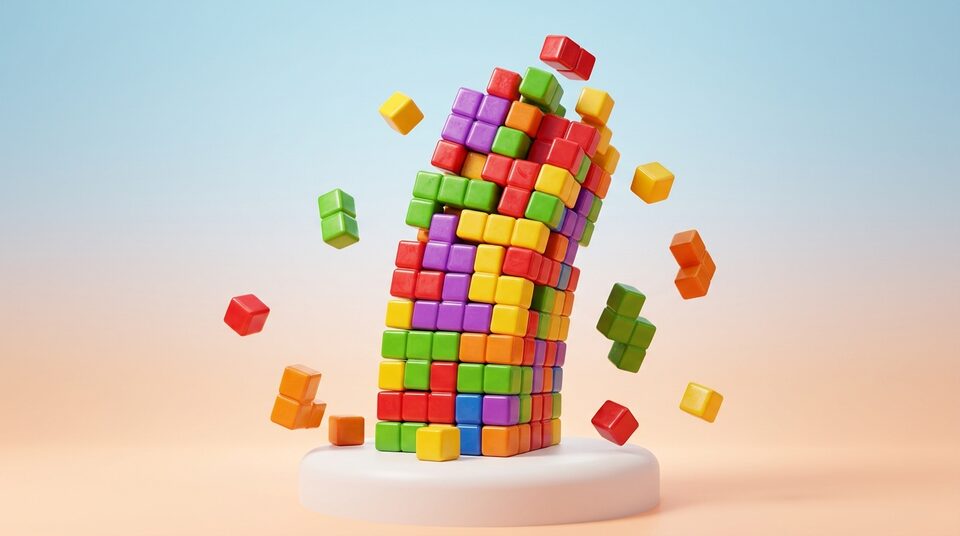 Stackfall: ein wackliger Turm aus bunten, glänzenden Würfeln auf einem Podium